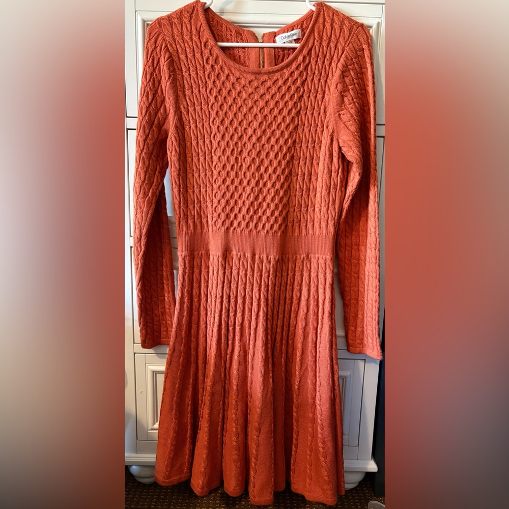 Calvin Klein Textured burnt orange Long Sleeve cable knit acrylic Dress size L